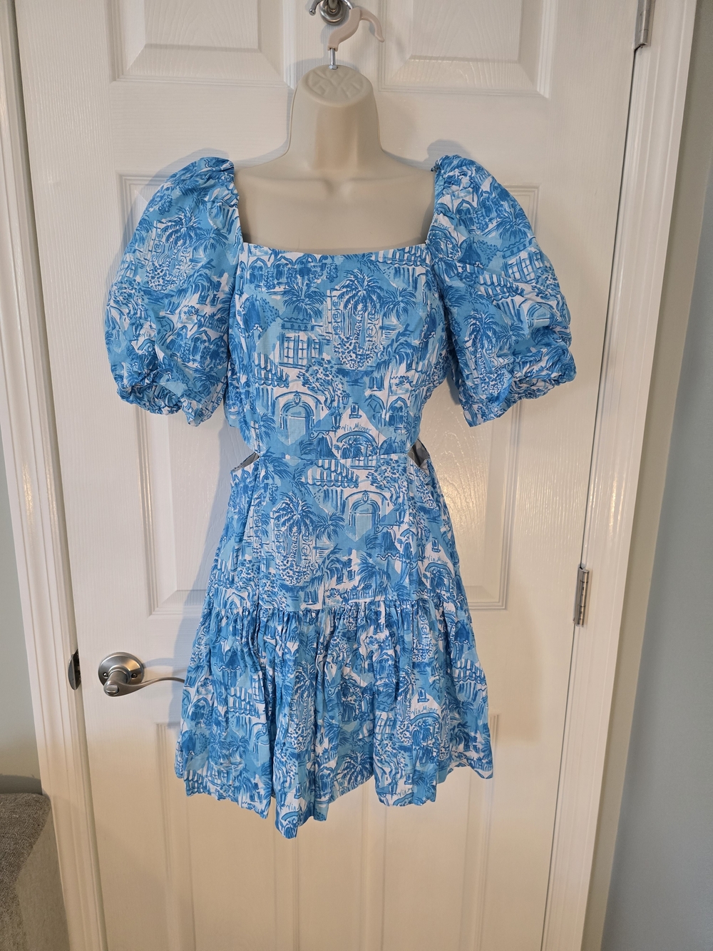 Lilly Pulitzer Blue & White Puff-Sleeve Square-Neck Mini Dress